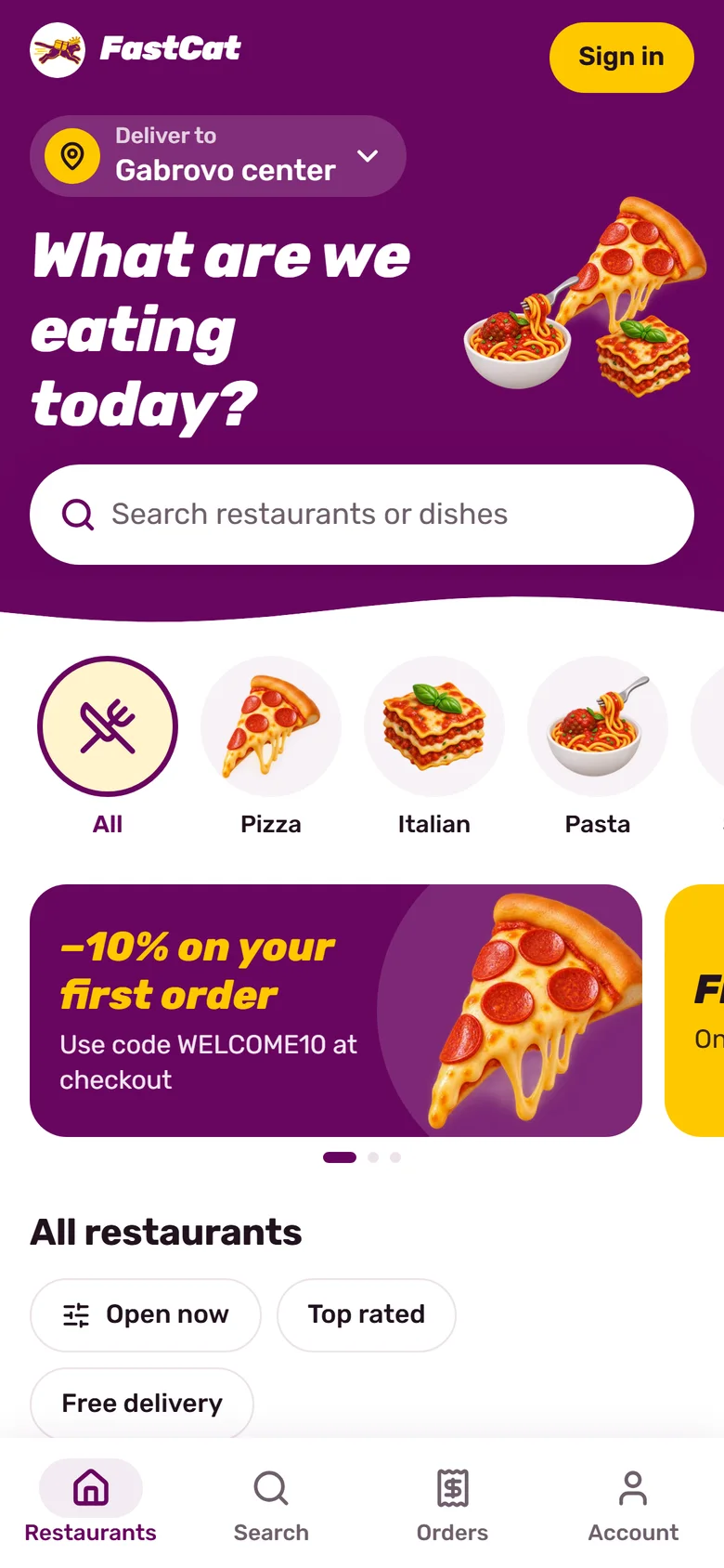 FastCat on a phone: “What are we eating today?” with the delivery address, restaurant search, dish categories and the app's bottom tab bar.