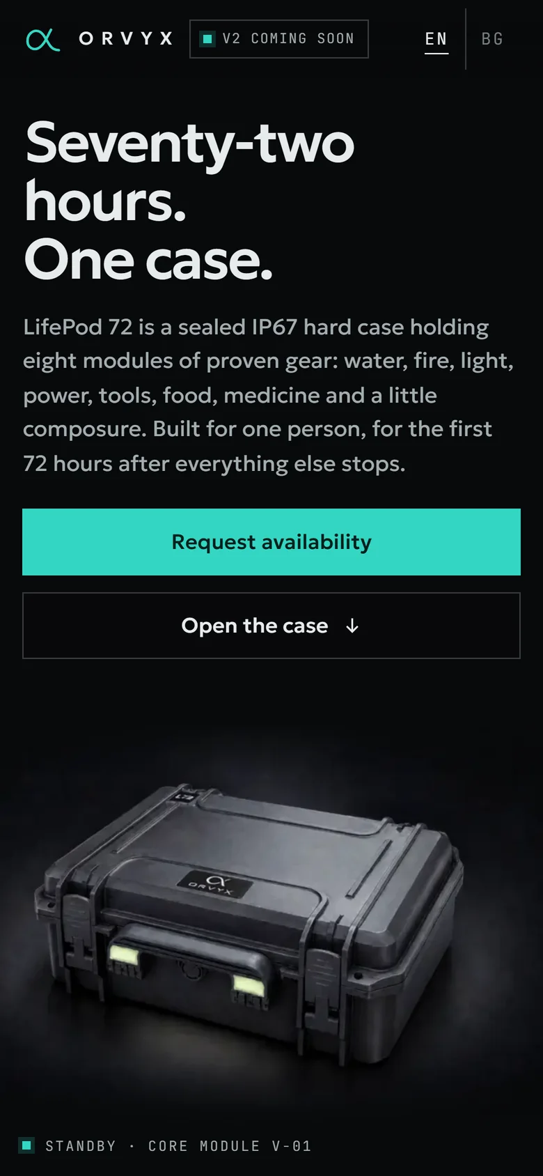 The Orvyx site on a phone: “Seventy-two hours. One case.” above the request-availability and open-the-case actions, with the sealed LifePod 72 case below.